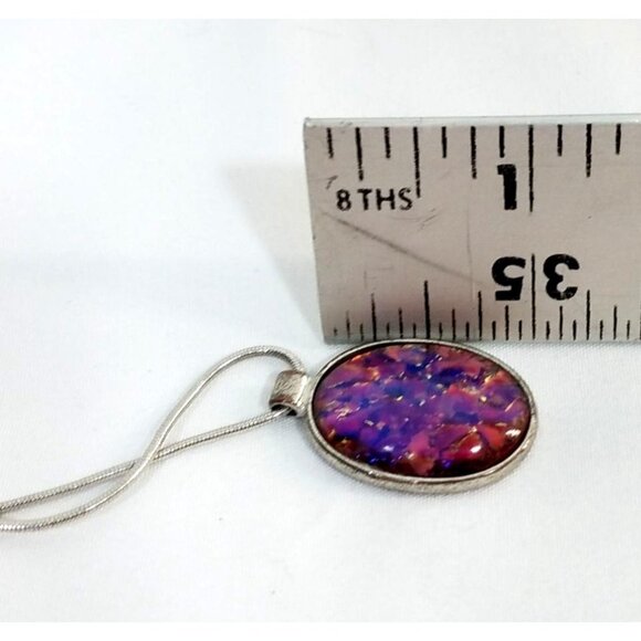 Faux Opal Confetti Oval Pendant Necklace Iridescent Silver-toned Chain Vintage - Picture 5 of 6